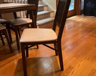 T37 - $125. Stakmore Company Midcentury Folding Bridge Table with 4 folding chairs. Wood frame with Vinyl top and seats. Table measures - 30.5" x 30.5" x 29" Tall. Chairs measure - 16.5" x 19" x 32" tall, floor to seat 17.75". Excellent condition.