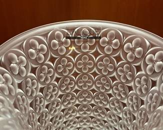T63 - $600. Lalique Venezia Floral Crystal Vase. Measures 7” tall.