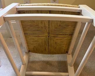 T43 - $25. Pair of Wood Chairs with Rush Seats. Measures 15.5" x 14" x 35" Tall, floor to seat 18.5". Structurally sound, overall good condition with some surface wear.