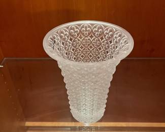 T63 - $600. Lalique Venezia Floral Crystal Vase. Measures 7” tall.