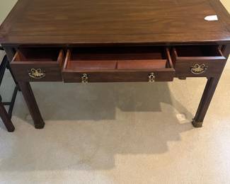T41 - $550. Henredon Chair and Writing Desk with 3 Drawers and Brass Plated Corners and Feet. Desk Measures - 52" x 25" x 29.5" Tall. Chair- 20" x 18.5" x 43"T, floor to seat 16.5". Overall very good condition, most wear is on one desk leg as seen in photo.