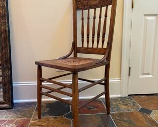 T20 - $30. Antique Caned Chair. Caning needs replaced. Measures 17" x 17" x 38" tall. Floor to seat 17.5". Structurally in very good condition.