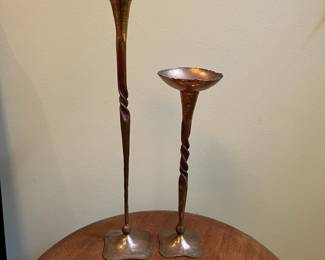 T55 - $100. Pair of vintage Hessel Studios Copper Candle Holders. Measures 12" T & 16.25" T. Excellent condition.