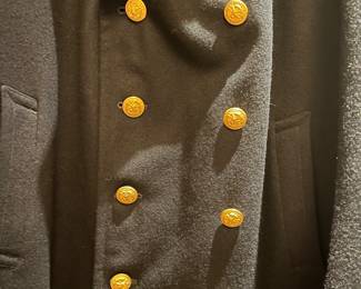 T124 - $65. Vintage US Navy Officer's Bridge Blue Overcoat 100% Wool Heavy Eagle Button Size 42L. Excellent condition.