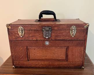 T46 - $125. Antique Machinist Toolbox. Measures 20" x 9.5" x 11.25" Tall. Very good condition, handle is wrapped in tape.