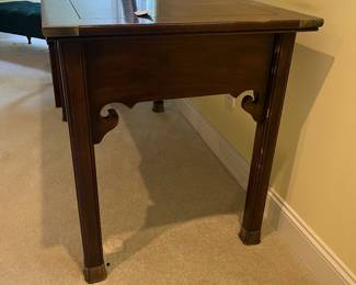 T41 - $550. Henredon Chair and Writing Desk with 3 Drawers and Brass Plated Corners and Feet. Desk Measures - 52" x 25" x 29.5" Tall. Chair- 20" x 18.5" x 43"T, floor to seat 16.5". Overall very good condition, most wear is on one desk leg as seen in photo.