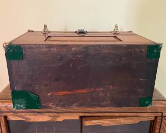 T46 - $125. Antique Machinist Toolbox. Measures 20" x 9.5" x 11.25" Tall. Very good condition, handle is wrapped in tape.