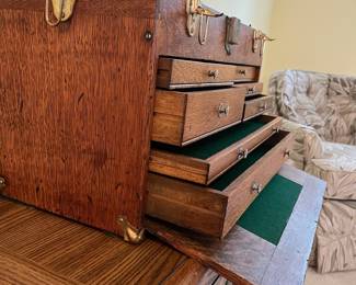 T46 - $125. Antique Machinist Toolbox. Measures 20" x 9.5" x 11.25" Tall. Very good condition, handle is wrapped in tape.