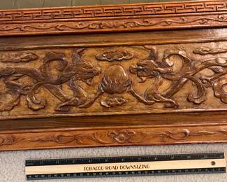 T93 - $750. PAIR of Chinese Ancestor Reverse Paintings on glass with intricately carved wood frame and brass hanging plates. Each Measures 21.75" x 41.5"T. Very good condition.