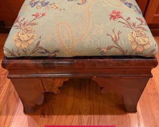 T9 - $65. Upholstered Stool with Wooden Base. Measures 19.75" x 17.75" x 16" tall. Very good vintage condition with a few veneer chips.