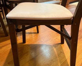 T37 - $125. Stakmore Company Midcentury Folding Bridge Table with 4 folding chairs. Wood frame with Vinyl top and seats. Table measures - 30.5" x 30.5" x 29" Tall. Chairs measure - 16.5" x 19" x 32" tall, floor to seat 17.75". Excellent condition.
