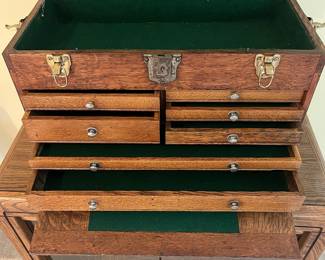 T46 - $125. Antique Machinist Toolbox. Measures 20" x 9.5" x 11.25" Tall. Very good condition, handle is wrapped in tape.