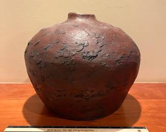 T130 - $35. Large Unique Handmade Clay Vase. Measures 12” x 9.5” tall.