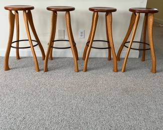 T92 - $300 each or $1000 for set of 4. "Ax handle barstool" signature piece by Bradford Woodworking. Handcrafted from cherry & ash, with turned ax handle legs.. 13" x 30"T. Excellent condition.