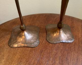 T55 - $100. Pair of vintage Hessel Studios Copper Candle Holders. Measures 12" T & 16.25" T. Excellent condition.