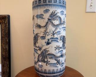 T11 - $100. Umbrella / Cane Stand, Blue and White with Gold Accents. Measures 8.5" x 18.5" tall. Excellent condition.