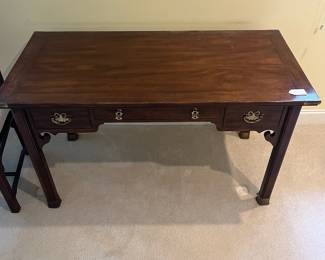 T41 - $550. Henredon Chair and Writing Desk with 3 Drawers and Brass Plated Corners and Feet. Desk Measures - 52" x 25" x 29.5" Tall. Chair- 20" x 18.5" x 43"T, floor to seat 16.5". Overall very good condition, most wear is on one desk leg as seen in photo.