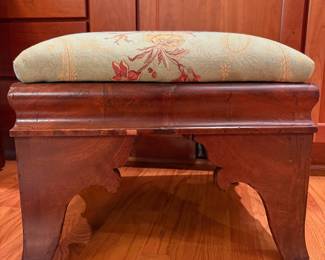 T9 - $65. Upholstered Stool with Wooden Base. Measures 19.75" x 17.75" x 16" tall. Very good vintage condition with a few veneer chips.
