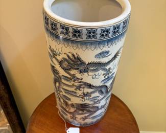 T11 - $100. Umbrella / Cane Stand, Blue and White with Gold Accents. Measures 8.5" x 18.5" tall. Excellent condition.