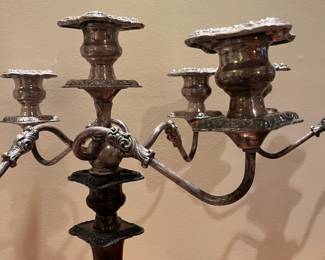 T61 - $45. Pair of Silver Plated Candelabras. Measures 16.5" x 18" Tall. Very good condition.