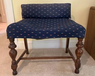 T48 - $10. Upholstery and wood bench. Measures 25" x 16" x 24" Tall, floor to seat 18.5". Wood frame in great shape, but seat bottom needs repair.