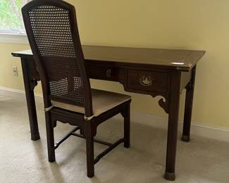 T41 - $550. Henredon Chair and Writing Desk with 3 Drawers and Brass Plated Corners and Feet. Desk Measures - 52" x 25" x 29.5" Tall. Chair- 20" x 18.5" x 43"T, floor to seat 16.5". Overall very good condition, most wear is on one desk leg as seen in photo.