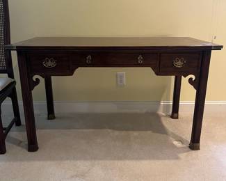 T41 - $550. Henredon Chair and Writing Desk with 3 Drawers and Brass Plated Corners and Feet. Desk Measures - 52" x 25" x 29.5" Tall. Chair- 20" x 18.5" x 43"T, floor to seat 16.5". Overall very good condition, most wear is on one desk leg as seen in photo.