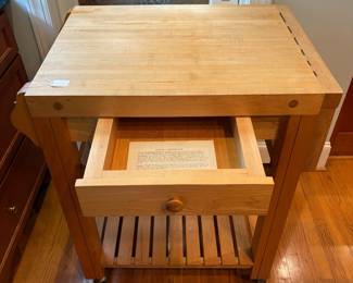 T2 - $150. Butcher Block Rolling Island. Measures 32.25" x 23" x 36" tall. Single drawer slides easily, holes for knives. Overall very good condition.