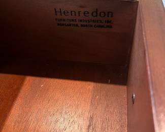 T41 - $550. Henredon Chair and Writing Desk with 3 Drawers and Brass Plated Corners and Feet. Desk Measures - 52" x 25" x 29.5" Tall. Chair- 20" x 18.5" x 43"T, floor to seat 16.5". Overall very good condition, most wear is on one desk leg as seen in photo.