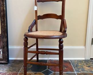 T23 - $40. Single Caned Chair. Measures 17" x 17.5" x 33" Tall. Floor to seat 17". Very good condition, caning excellent condition, chair structurally sound.