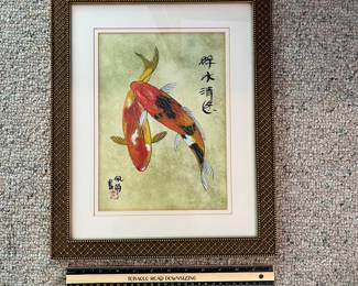 T107 - $35. Japanese Sumi-e Ink Wash Painting of Nishikigoi (koi fish). Measures 13" x 16" tall.