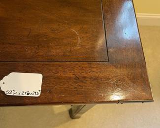 T41 - $550. Henredon Chair and Writing Desk with 3 Drawers and Brass Plated Corners and Feet. Desk Measures - 52" x 25" x 29.5" Tall. Chair- 20" x 18.5" x 43"T, floor to seat 16.5". Overall very good condition, most wear is on one desk leg as seen in photo.