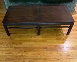 T38 - $140. Henredon Coffee Table. Measures 56" x 24" x 16.5" tall. Very structurally sound, good condition with some scratching and surface wear.