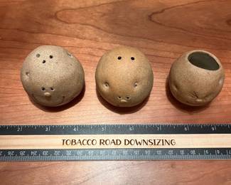 T128 - $40. Set of Kato Kogei Collaboration Ceramic Potato Salt, Pepper & Toothpick Holder.
