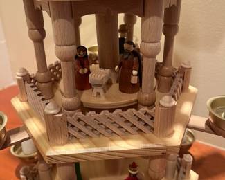 T64 - $225. Vintage 3 Tier Erzgebirge German Christmas candle carousel (we believe this is by Richard Glaesser but it's unmarked.) Measures 12" x 16.5" tall. Excellent condition.