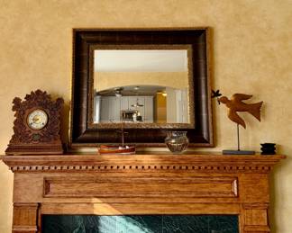 Carved Mantel Clock, Wood Framed Mirror, Decor