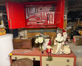 Vintage tool cabinet and Vintage Christmas items