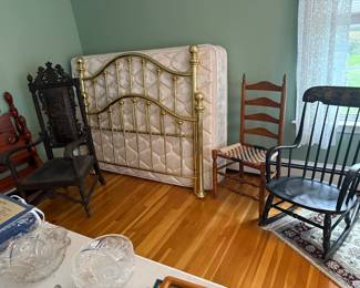 Brass bed, cane chair and rocking chair