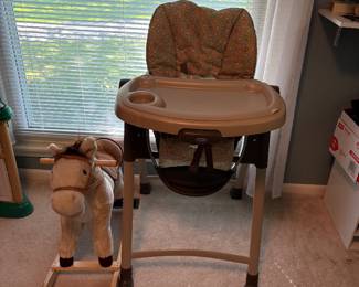 childs rocking horse and high chair
