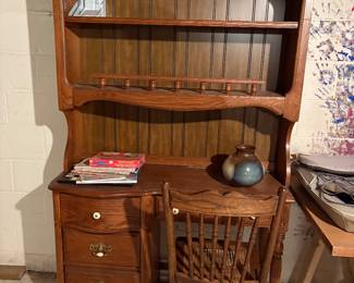 vintage solid oak single-pedestal student desk and matching hutch top