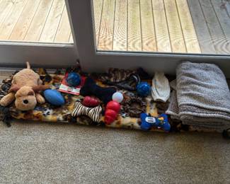 Dog blankets, toys and sweaters