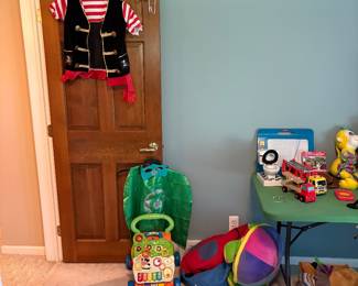 Baby walker, kids bean bag chairs and a Green Lantern costume