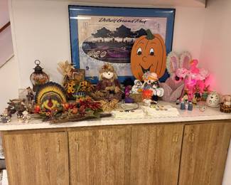 Seasonal decorations including fall and Halloween