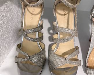 Women's size 6 shoe collection — 20+ pairs: boots, heels, designer shoes (silver glitter strappy heels shown). $200 for the whole collection