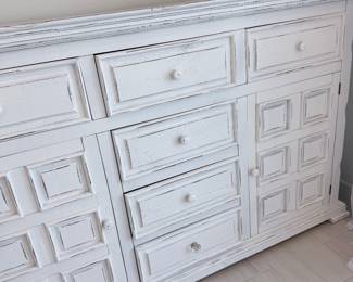 White distressed credenza/dresser with drawers + cabinet doors. $275