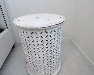 Decorative white pierced-metal accent table — side table or garden stool. $135