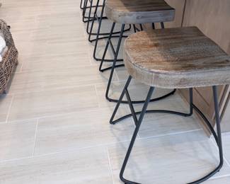 Rustic wood + black metal counter stools — 4 available. $50 per pair ($100 for all 4)