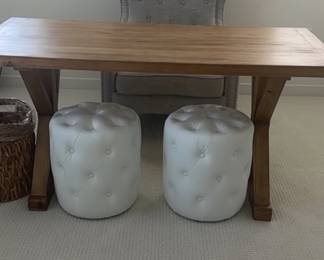 Solid-wood trestle dining table $250 + pair of white tufted ottomans $120 (or $340 for all three).