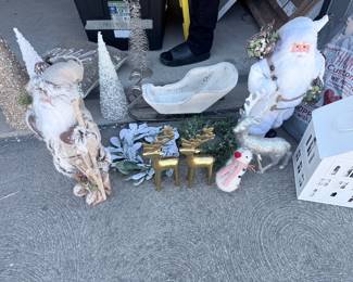 Christmas figurine bundle — santas, gold reindeer, snowman, mini trees and more. $75