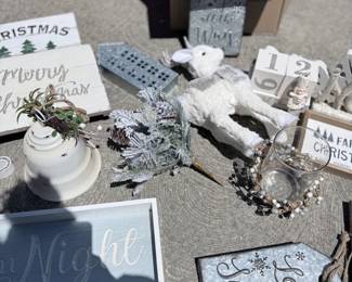 Christmas signs & figurines (Jingle All the Way, Let It Snow, reindeer, snowman & more) — $5 each